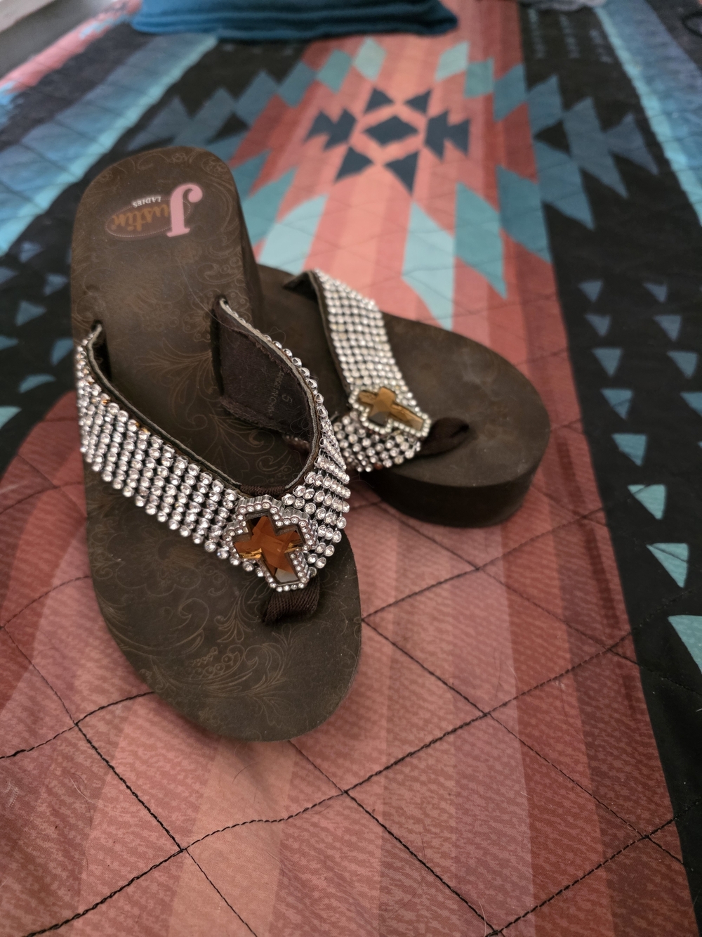 Adams Brown Rhinestone Wedge Sandals with Amber Cross